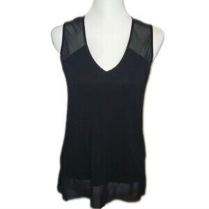 Vince Camuto Black V-neck Sleeveless Tank Top, Semi Sheer Panels, XS